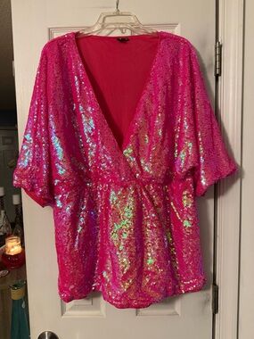Women's Hot Pink Sequin Tunic Top - V-Neck